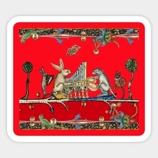 WEIRD MEDIEVAL BESTIARY MAKING MUSIC,White Rabbit And Dog Playing Organ, Harpist Hare, Snail Cat,Red Sticker